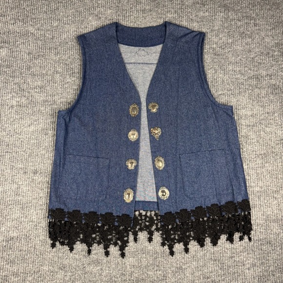 Handmade Jackets & Blazers - Vtg Handmade Vest Womens L /XL Denim Lace Statement Faux Buttons Western Goth